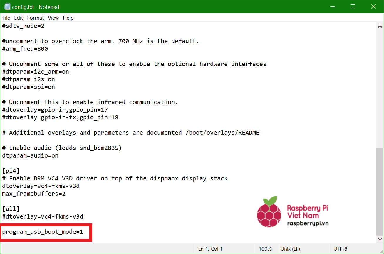 Thêm program_usb_boot_mode=1