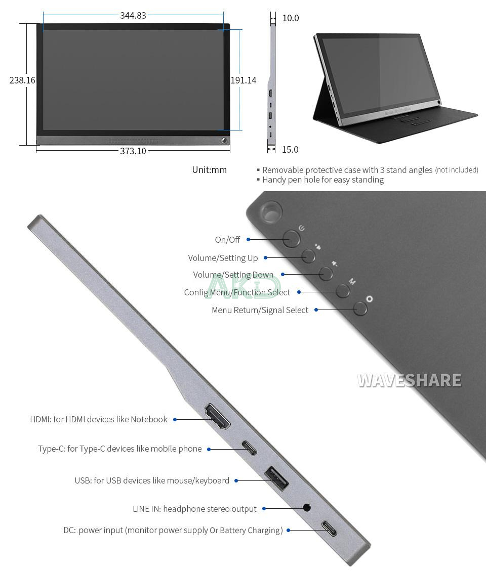 156 fhd Exterior Size 1 - - Màn hình cảm ứng di động 15,6" 1920 × 1080 Full HD, IPS, HDMI/Type-C tích hợp pin