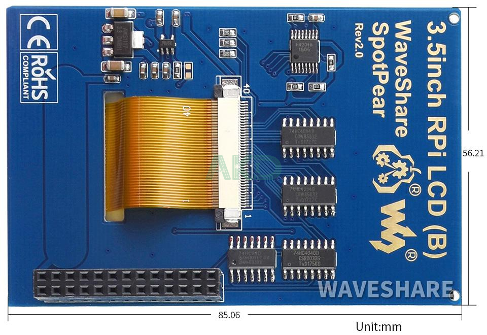 Exterior Size 1 - - Màn hình cảm ứng điện trở 3.5" (B) WaveShare 480×320, IPS Screen, SPI