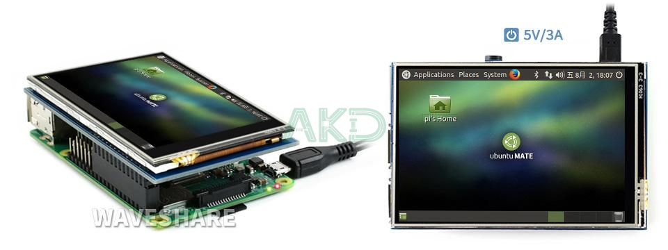 Pi 3B 1 - - Màn hình cảm ứng điện trở 3.5" (B) WaveShare 480×320, IPS Screen, SPI