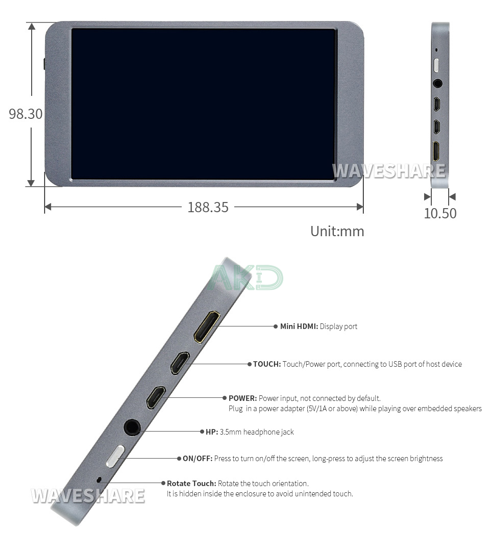 7inch fhd Exterior Size - - Màn hình cảm ứng di động 7inch, 1080×1920 Full HD, IPS, Mini HDMI