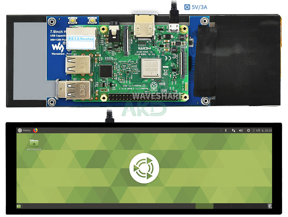 7.9 Pi 3B 1 - - Màn hình cảm ứng điện dung 7.9" - IPS, kính cường lực, độ phân giải 400x1280, kết nối HDMI