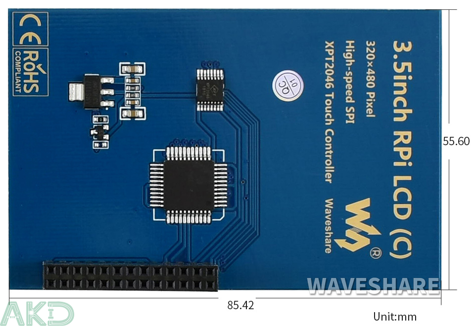 Exterior Size 1 - - Màn hình cảm ứng điện trở 3,5 inch (C) cho Raspberry Pi, 480 × 320, SPI tốc độ cao 125MHz