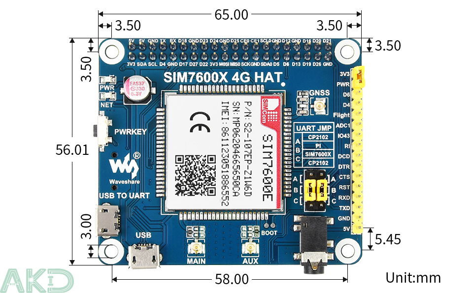 SIM7600E LTE Cat 1 HAT details 19 1 - - Module SIM7600E LTE Cat-1 HAT Raspberry Pi, 3G/2G/GNSS