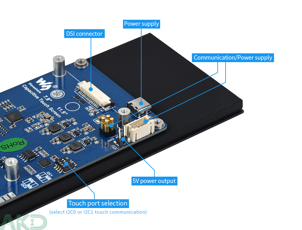Power Supply 1 - - Màn hình cảm ứng điện dung 7.9inch Raspberry Pi, 400×1280, IPS, DSI Interface