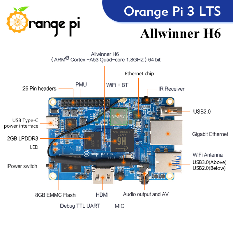 Orange Pi 3 LTS 2GB RAM AllWinner H6 8GB EMMC 4 2 - - Máy tính nhúng Orange Pi 3 LTS