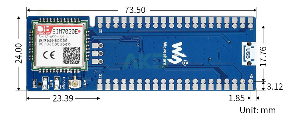Pico SIM7020E NB IoT details size 1 - - Module SIM7020E NB-IoT cho Raspberry Pi Pico - Phù hợp với Asia, Europe, Africa, Australia