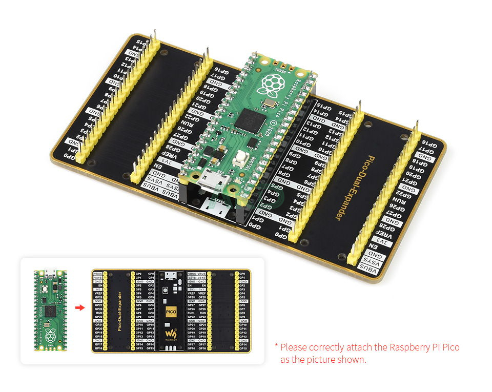 pico dual expander details 3 1 - - Bo mạch mở rộng 2 bộ chân GPIO cho Raspberry Pi Pico