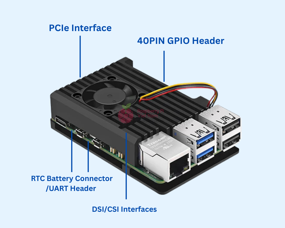PCIe - - Vỏ hợp kim nhôm Raspberry Pi 5 kèm quạt làm mát hỗ trợ điều tốc