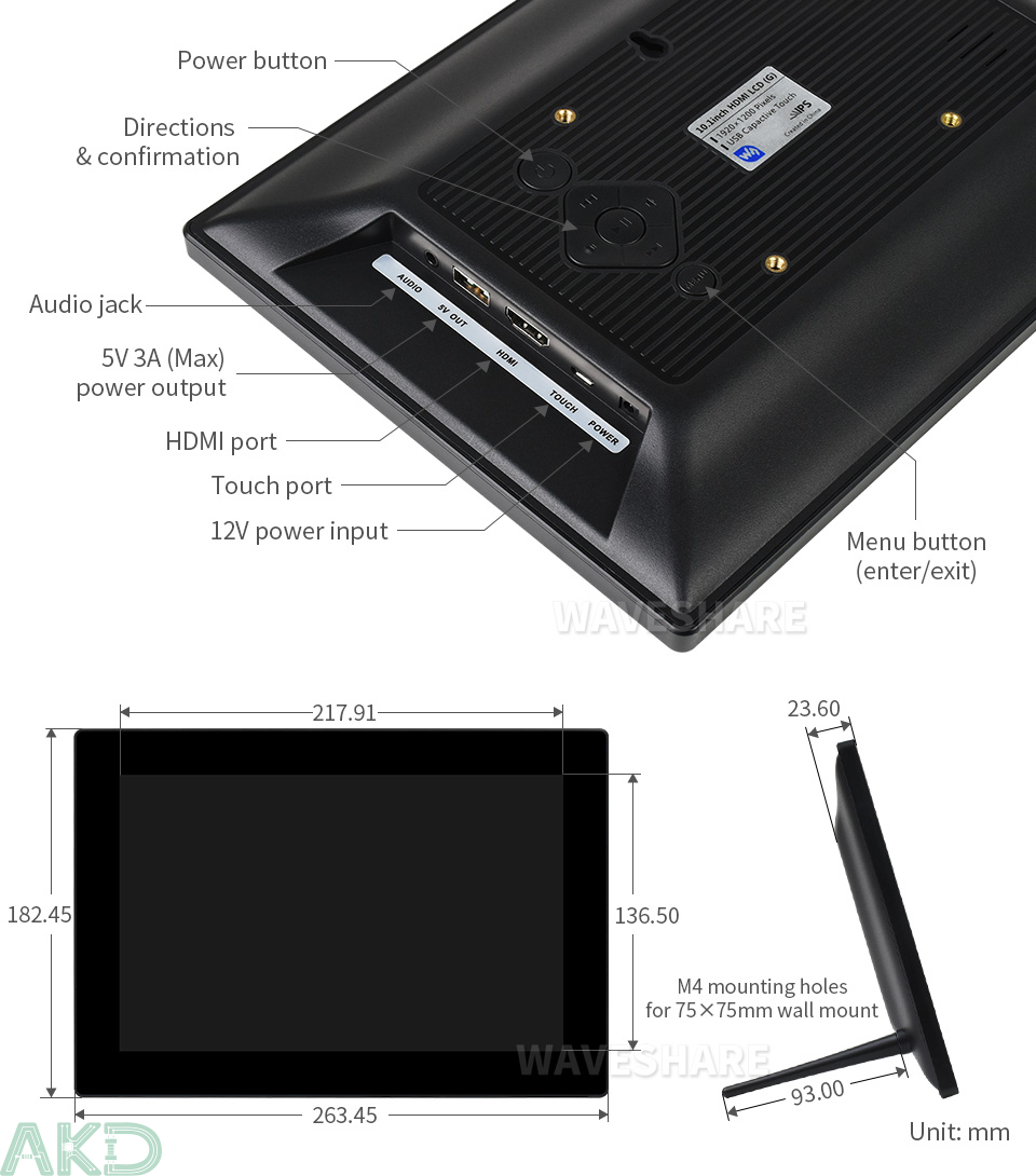 Exterior Size 1 - - Màn hình cảm ứng điện dung 10.1inch (G), 1920×1200, HDMI, IPS, màn hình liên kết quang học