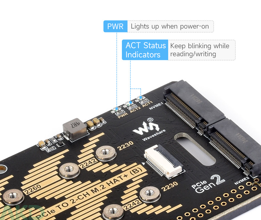PCIe TO 2 CH M.2 HAT Plus B details 5 1 - - Mạch M.2 PCIe sang 2 kênh NVMe HAT phiên bản B cho Raspberry Pi 5