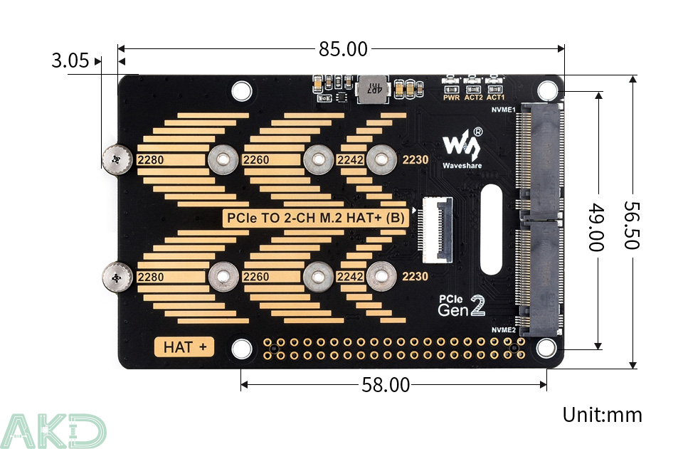 PCIe TO 2 CH M.2 HAT Plus B details size 1 - - Mạch M.2 PCIe sang 2 kênh NVMe HAT phiên bản B cho Raspberry Pi 5