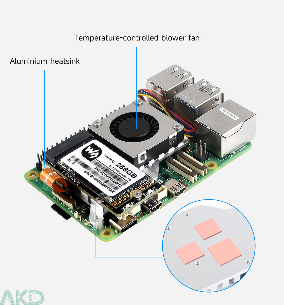 PCIe TO M.2 Board E details 5 1 - - Mạch M.2 PCIe sang M.2 NVMe (E) kèm quạt Active Cooler cho Raspberry Pi 5