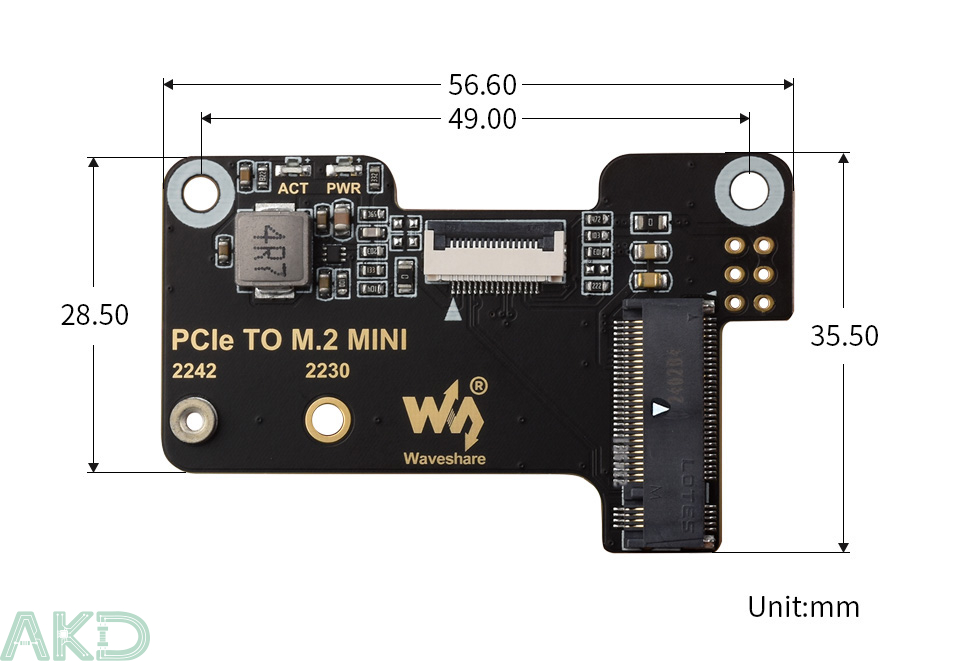 PCIe TO M.2 MINI details size 1 - - Mạch chuyển đổi PCIe sang M.2 NVMe Mini Raspberry Pi 5