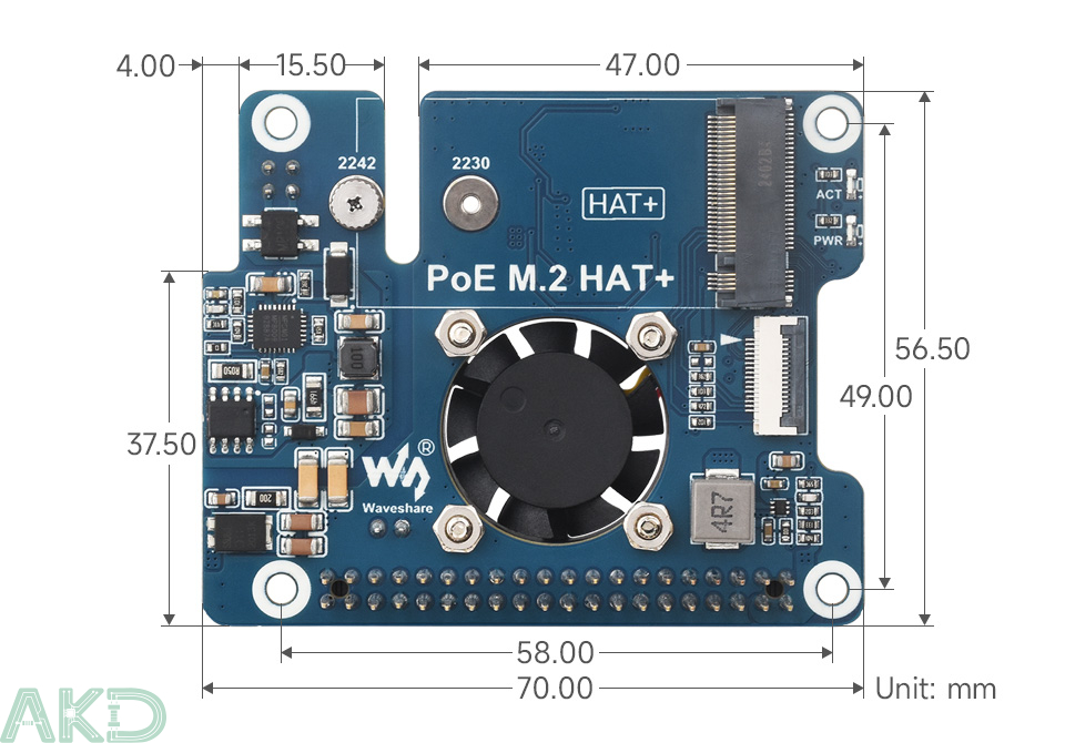 PoE M.2 HAT plus details size 1 - - Mạch M.2 PCIe sang M.2 NVMe và PoE cho Raspberry Pi 5