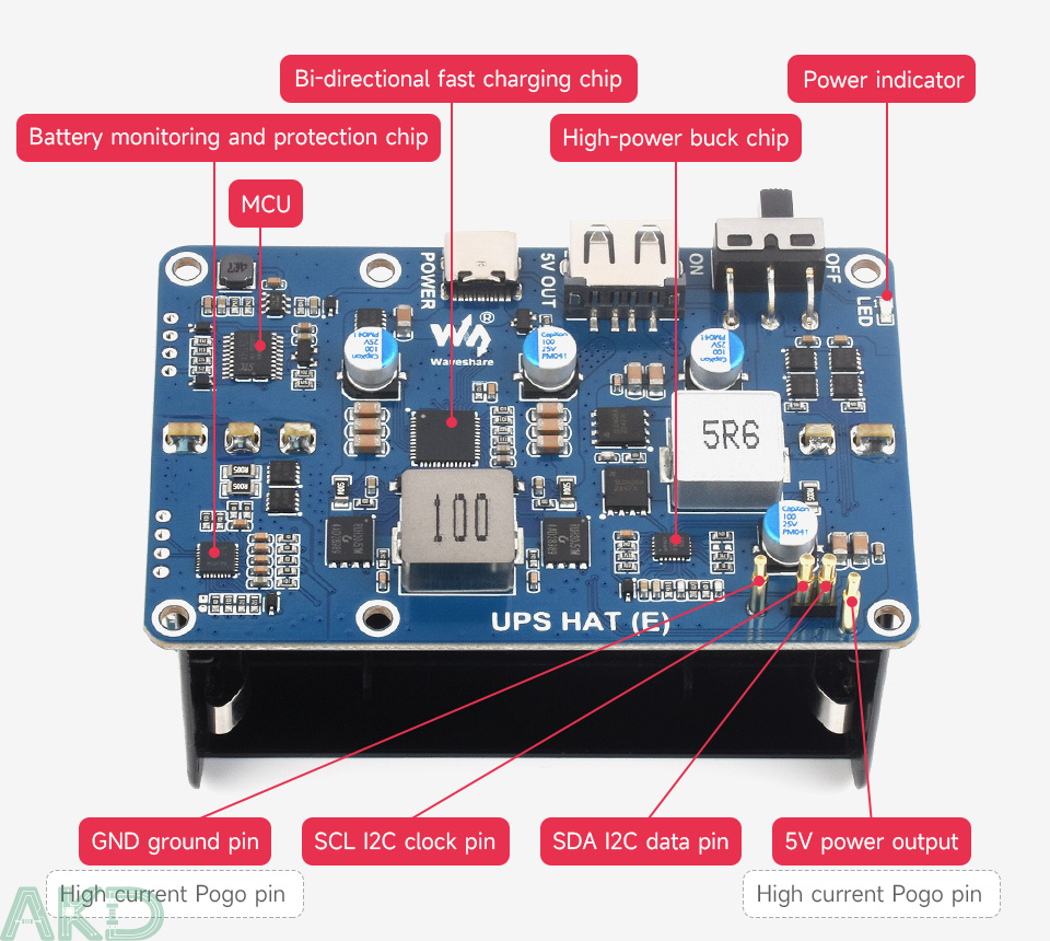UPS HAT E details 9 1 1 - - UPS HAT (E) Raspberry Pi - Đầu ra 5V 6A - Kết nối Pogo, sạc nhanh 2 chiều