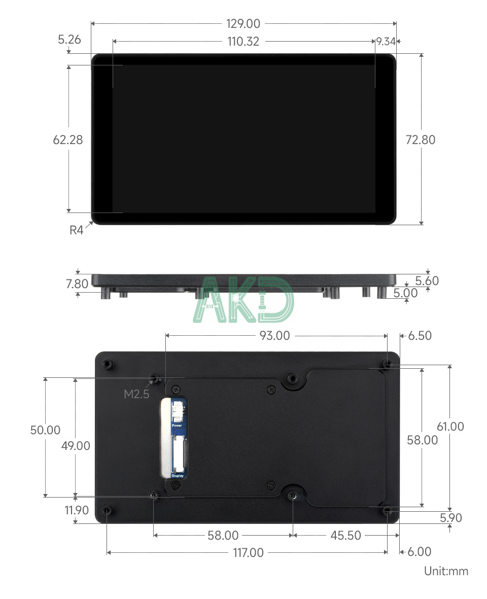 5 DSI TOUCH A details size 1 - - Màn hình cảm ứng điện dung DSI 5 inch, 720 × 1280, IPS, Vỏ hợp kim nhôm