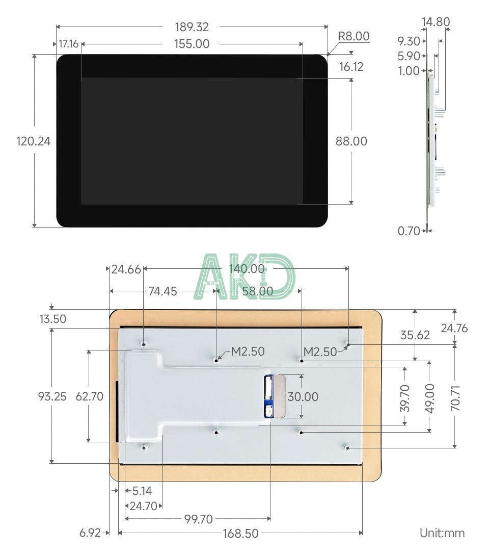 7inch DSI LCD H details size 1 - - Màn hình cảm ứng điện dung DSI 7 inch (H) kèm vỏ, 1280 × 720 Pixel, tấm nền IPS