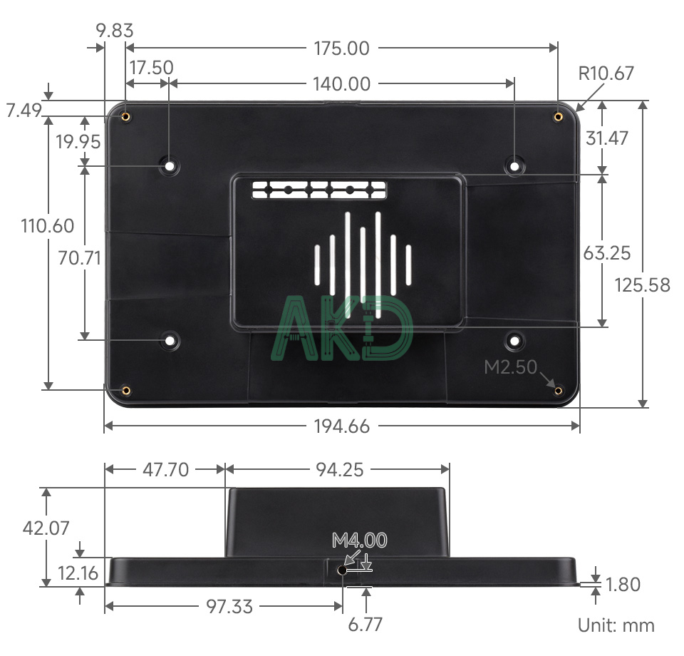 7inch DSI LCD H details size 2 1 - - Màn hình cảm ứng điện dung DSI 7 inch (H) kèm vỏ, 1280 × 720 Pixel, tấm nền IPS