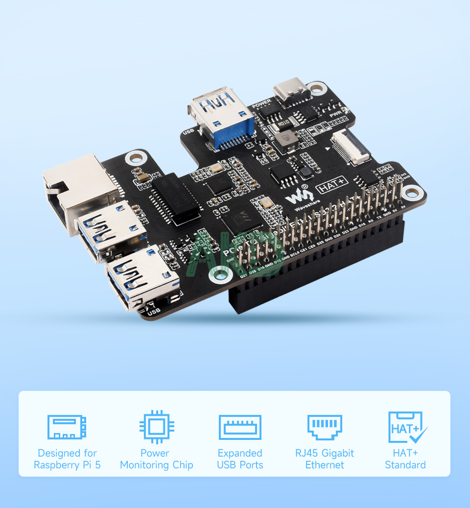 PCIe TO Gigabit ETH USB3.2 HAT Plus details 1 1 - - Mạch chuyển đổi PCIe sang 3 USB 3.2 và Ethernet 1Gbps Raspberry Pi 5