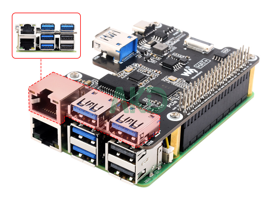 PCIe TO Gigabit ETH USB3.2 HAT Plus details 11 1 - - Mạch chuyển đổi PCIe sang 3 USB 3.2 và Ethernet 1Gbps Raspberry Pi 5