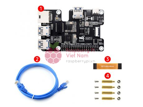 PCIe TO Gigabit ETH USB3.2 HAT Plus details pack - - Mạch chuyển đổi PCIe sang 3 USB 3.2 và Ethernet 1Gbps Raspberry Pi 5