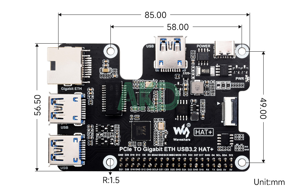 PCIe TO Gigabit ETH USB3.2 HAT Plus details size 1 - - Mạch chuyển đổi PCIe sang 3 USB 3.2 và Ethernet 1Gbps Raspberry Pi 5