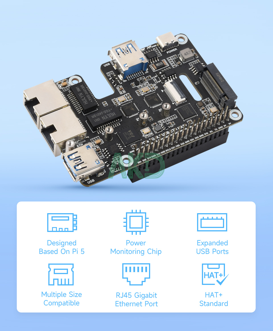 PCIe TO M.2 USB ETH HAT Plus details 1 1 - - Mạch chuyển đổi PCIe sang 2 USB 3.2 và Ethernet 2.5Gbps Raspberry Pi 5