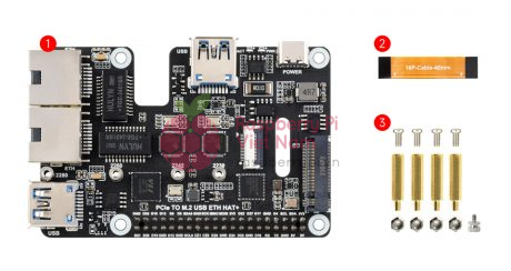 PCIe TO M.2 USB ETH HAT Plus details pack - - Mạch chuyển đổi PCIe sang 2 USB 3.2 và Ethernet 2.5Gbps Raspberry Pi 5