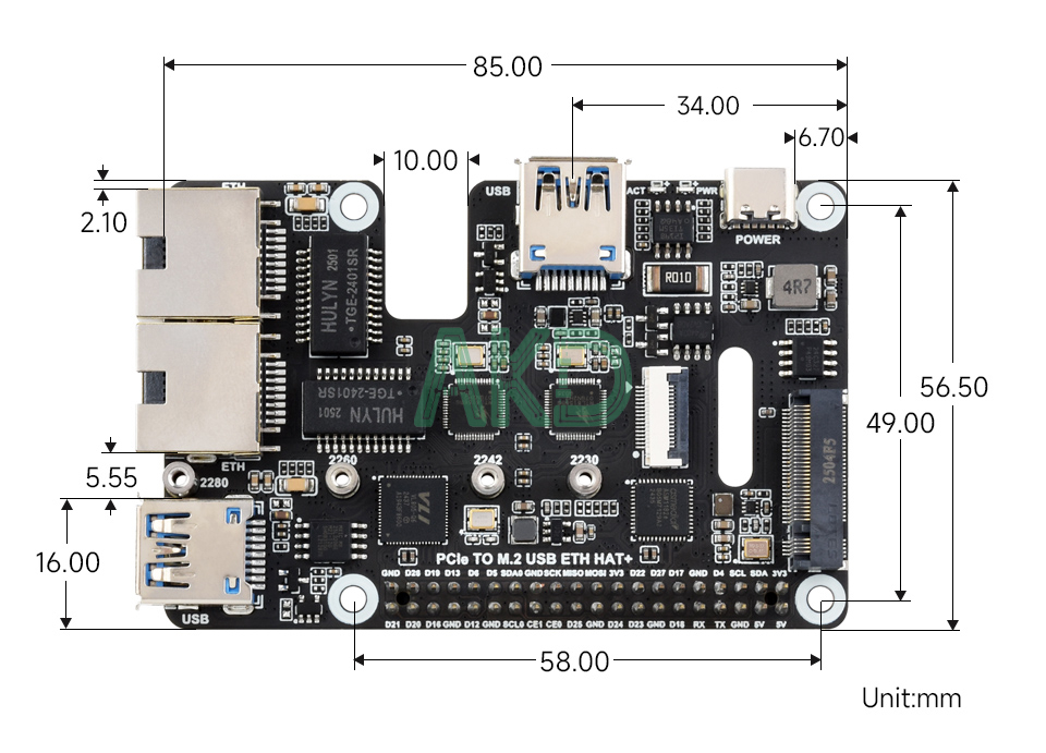 PCIe TO M.2 USB ETH HAT Plus details size 1 - - Mạch chuyển đổi PCIe sang 2 USB 3.2 và Ethernet 2.5Gbps Raspberry Pi 5