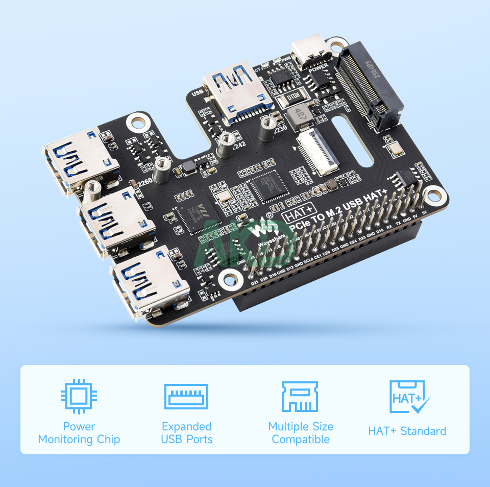 PCIe TO M.2 USB HAT Plus details 1 2 - - Mạch chuyển đổi PCIe sang 4 USB 3.2 và SSD NVMe Raspberry Pi 5