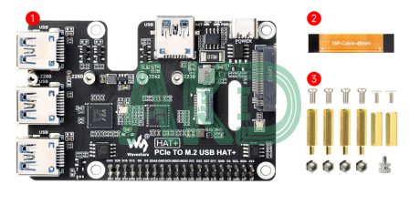 PCIe TO M.2 USB HAT Plus details pack 2 - - Mạch chuyển đổi PCIe sang 4 USB 3.2 và SSD NVMe Raspberry Pi 5