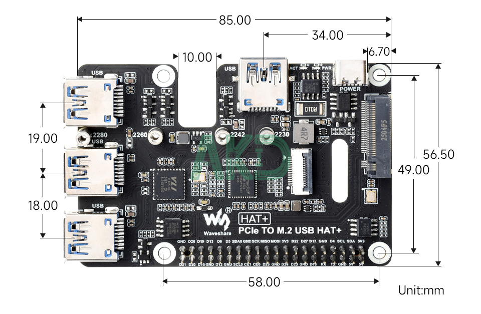 PCIe TO M.2 USB HAT Plus details size 1 - - Mạch chuyển đổi PCIe sang 4 USB 3.2 và SSD NVMe Raspberry Pi 5