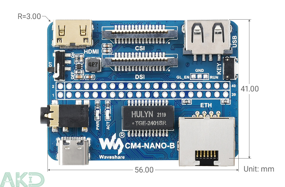 CM4 NANO B details size - - Bo mạch Nano Base (B) cho Raspberry Pi Compute Module 4