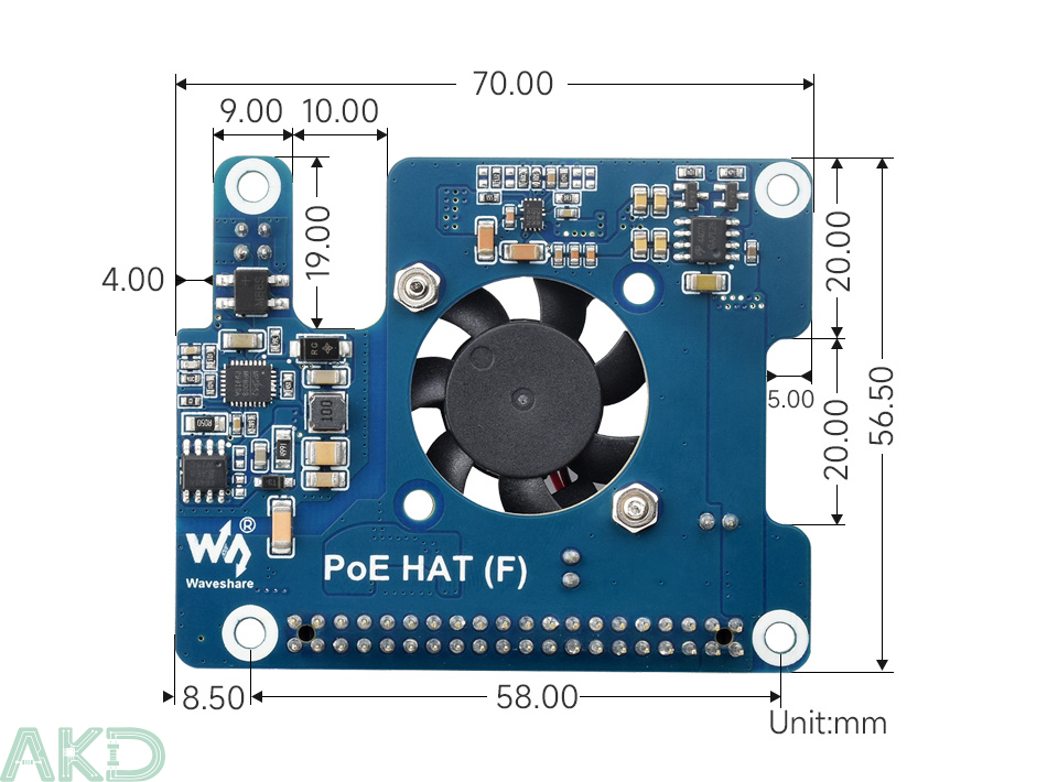 PoE HAT F details size - - PoE HAT (F) cho Raspberry Pi 5, công suất cao, tích hợp quạt