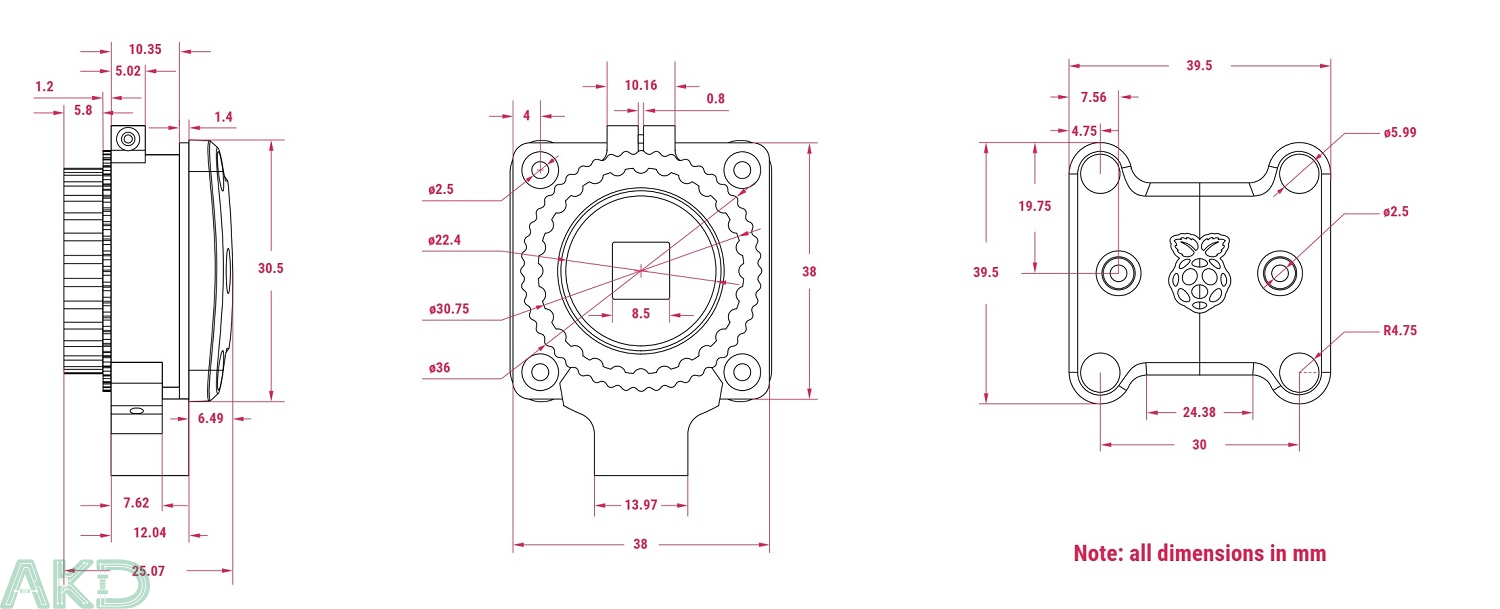 RPI CAM Global Shutter dimension - - Máy ảnh Global Shutter Raspberry Pi 1.6MP