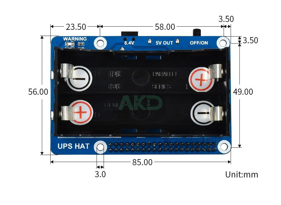 Kích thước UPS HAT Raspberry Pi Waveshare
