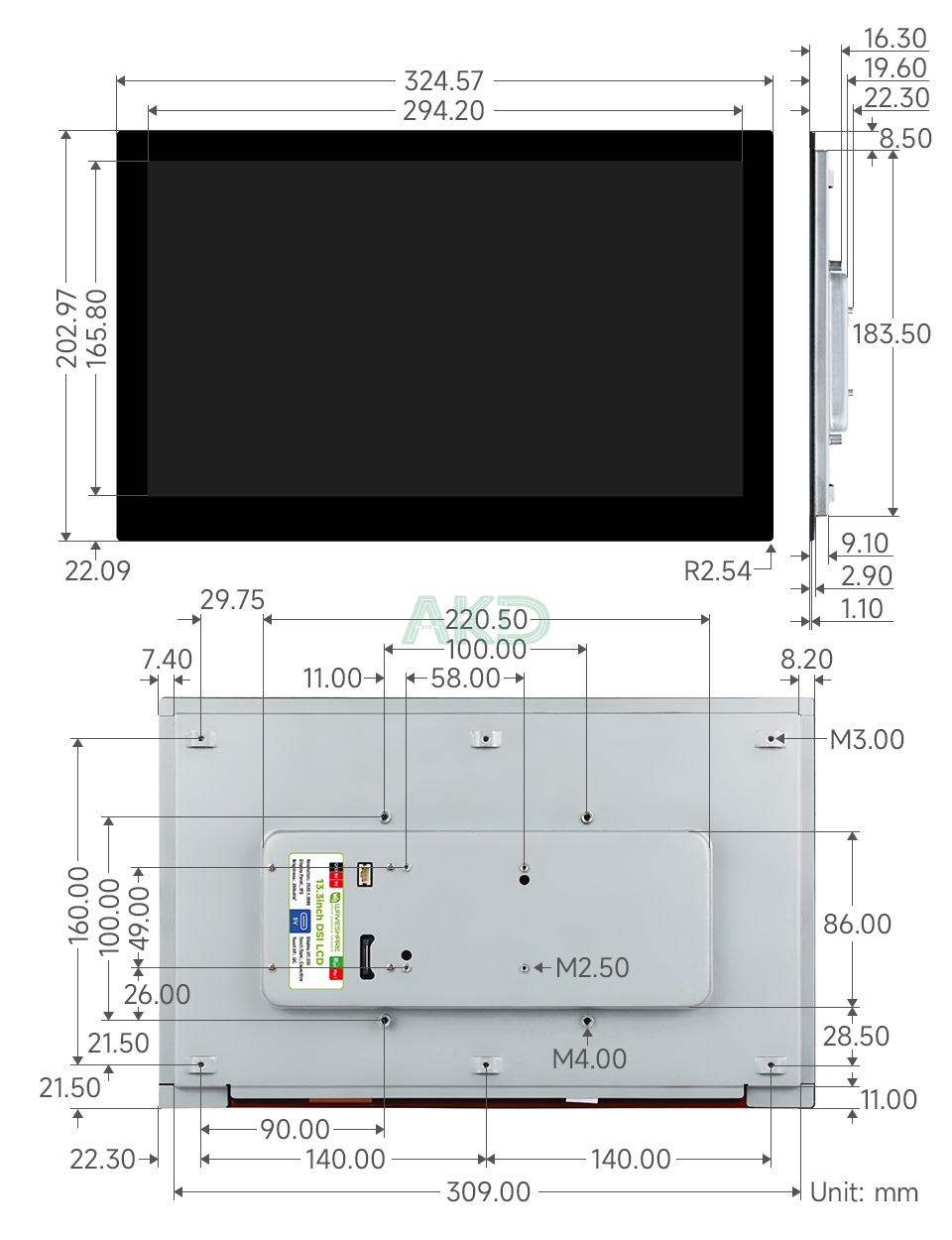 13.3inch DSI LCD details size - - Màn hình cảm ứng điện dung DSI 13.3 inch, 1920 × 1080 Pixel, IPS, Vỏ hợp kim nhôm