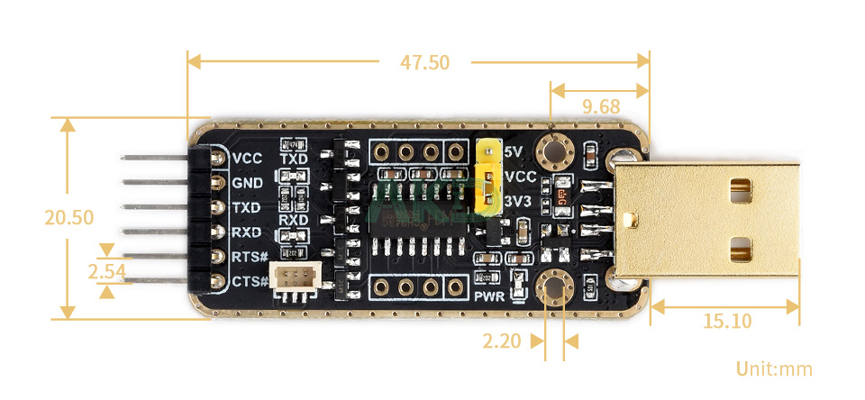 Pi UART Debugger details size - - Mạch gỡ lỗi USB sang UART cho Raspberry Pi 5
