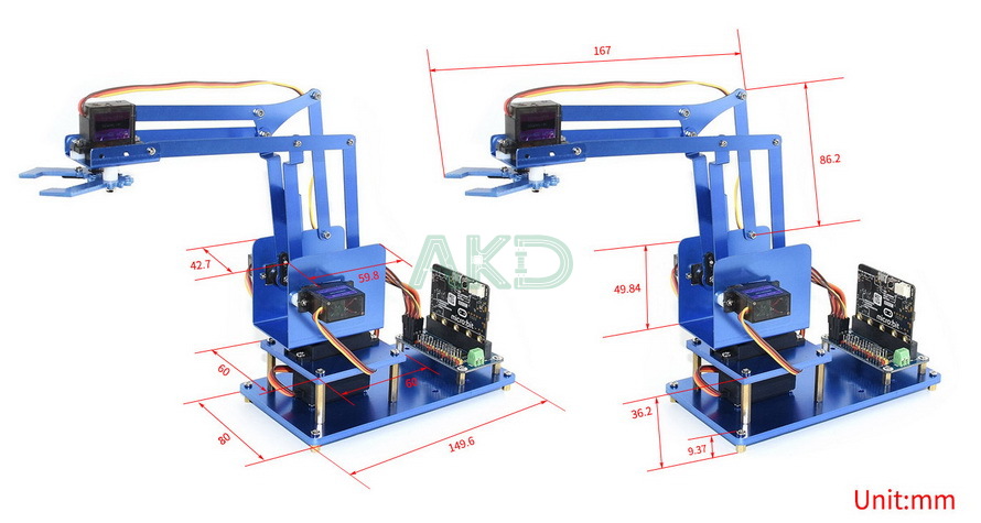 Kích thước bộ cánh tay robot kim loại 4-DOF cho Micro:bit