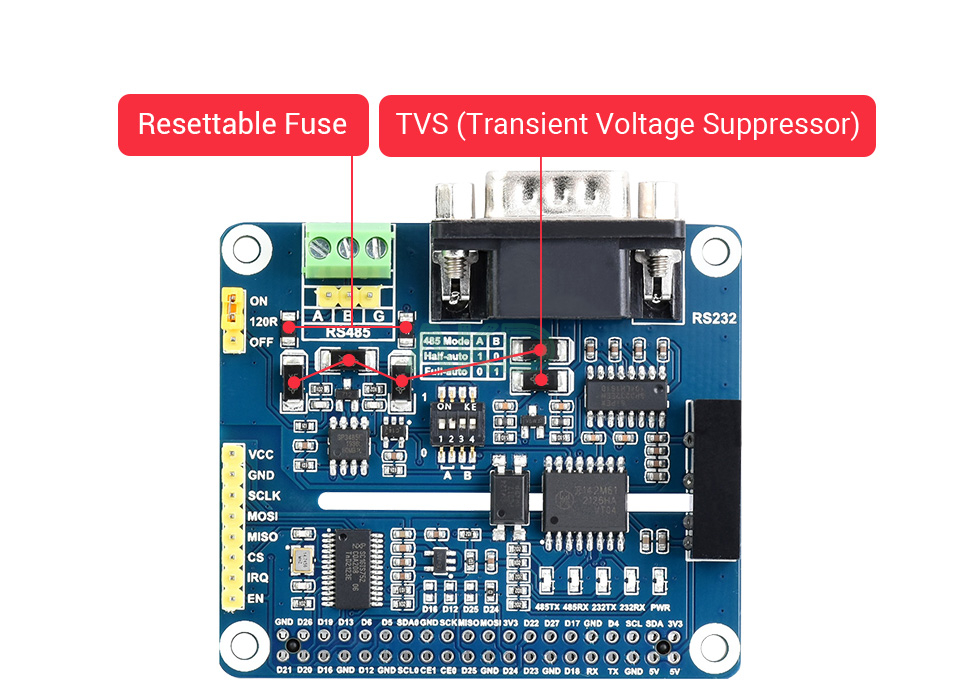 RS485 RS232 HAT details 7 - - Mạch HAT RS232/RS485 cách ly cho Raspberry Pi