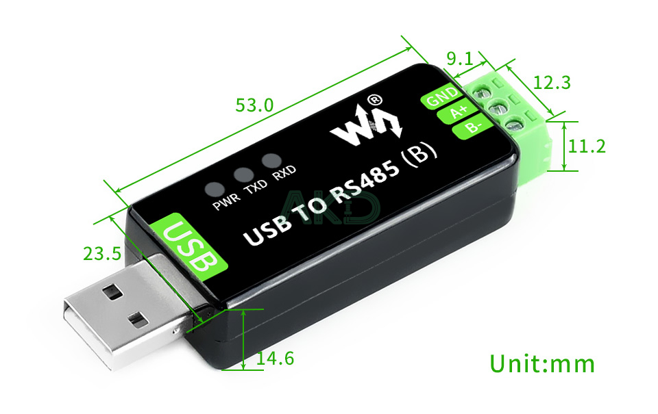 USB TO RS485 B details size - - Bộ chuyển đổi hai chiều USB sang RS485 công nghiệp phiên bản B