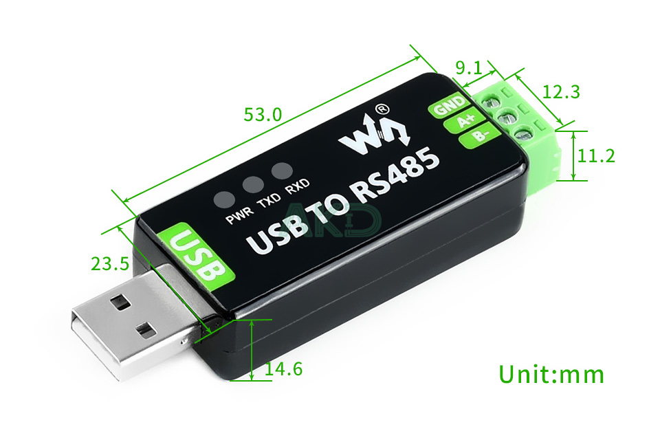USB TO RS485 details size - - Bộ chuyển đổi hai chiều USB sang RS485 công nghiệp